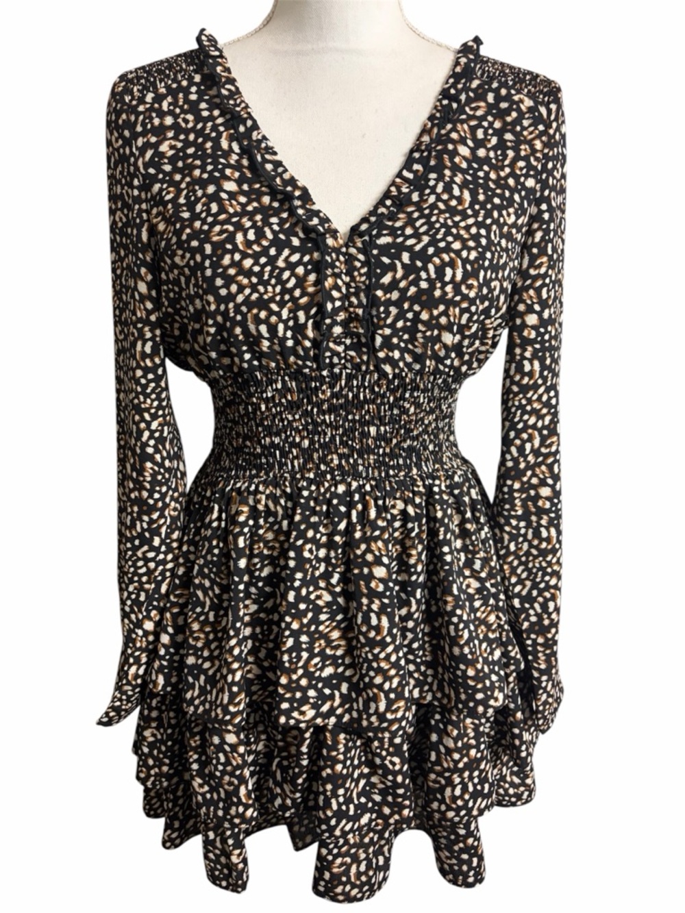 Altar’d State Women's Black and Tan Smocked Waist Tiered Long-Sleeve Dress